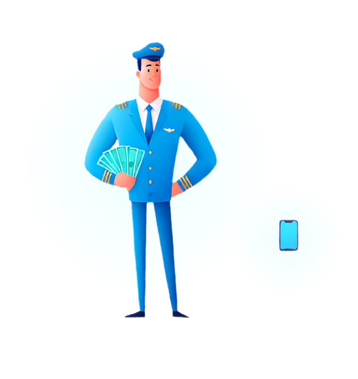 Illustration of a calm airline pilot and phone alert representing Wake-N-Go trip award alarms