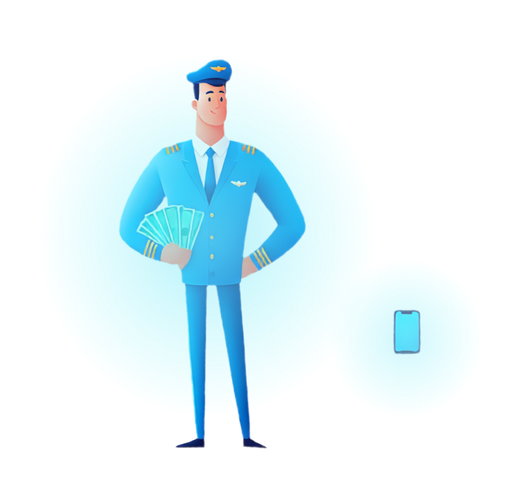 Illustration of a calm airline pilot and phone alert representing Wake-N-Go trip award alarms